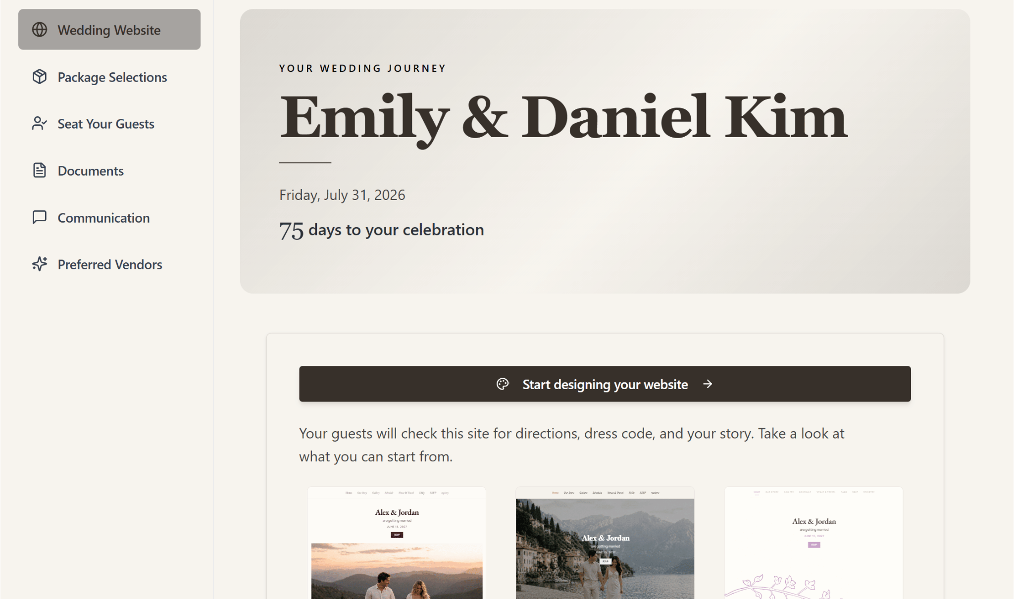 A couple's branded planning portal on Seated With Love